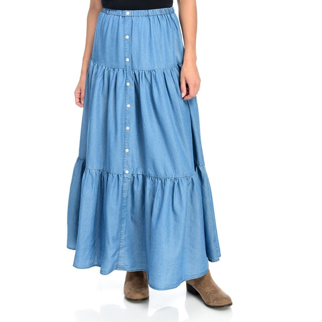 OSO Casuals Chambray Elastic Waist Button Front Tiered Skirt - Walmart.com