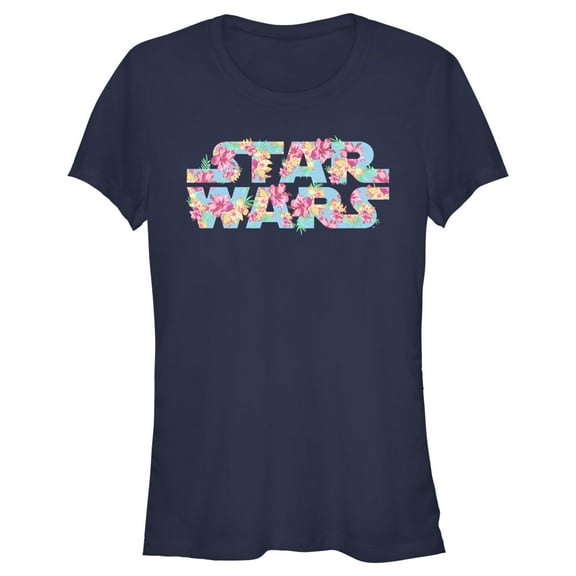 Junior's Star Wars Floral Hibiscus Logo Graphic Tee Navy Blue Medium