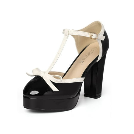 Unique Bargains Women's Bow T-Strap Chunky Heel Platform Patent Pumps