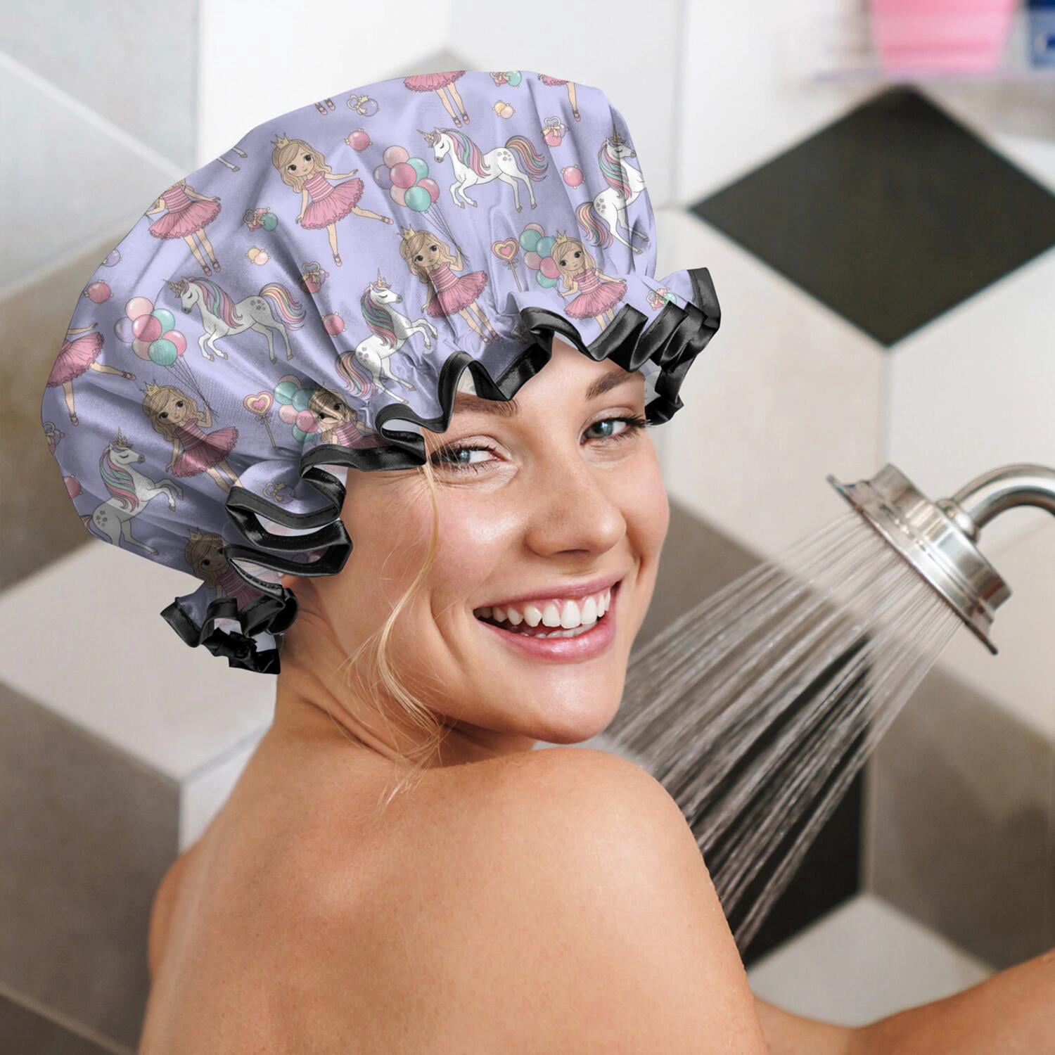 Shower Caps,Princess and Unicorn Pattern Waterproof Shower Cap for Women 4 Pieces,Double Reusable Hair Cover for Shower PEVA Elastic Stretch Hem