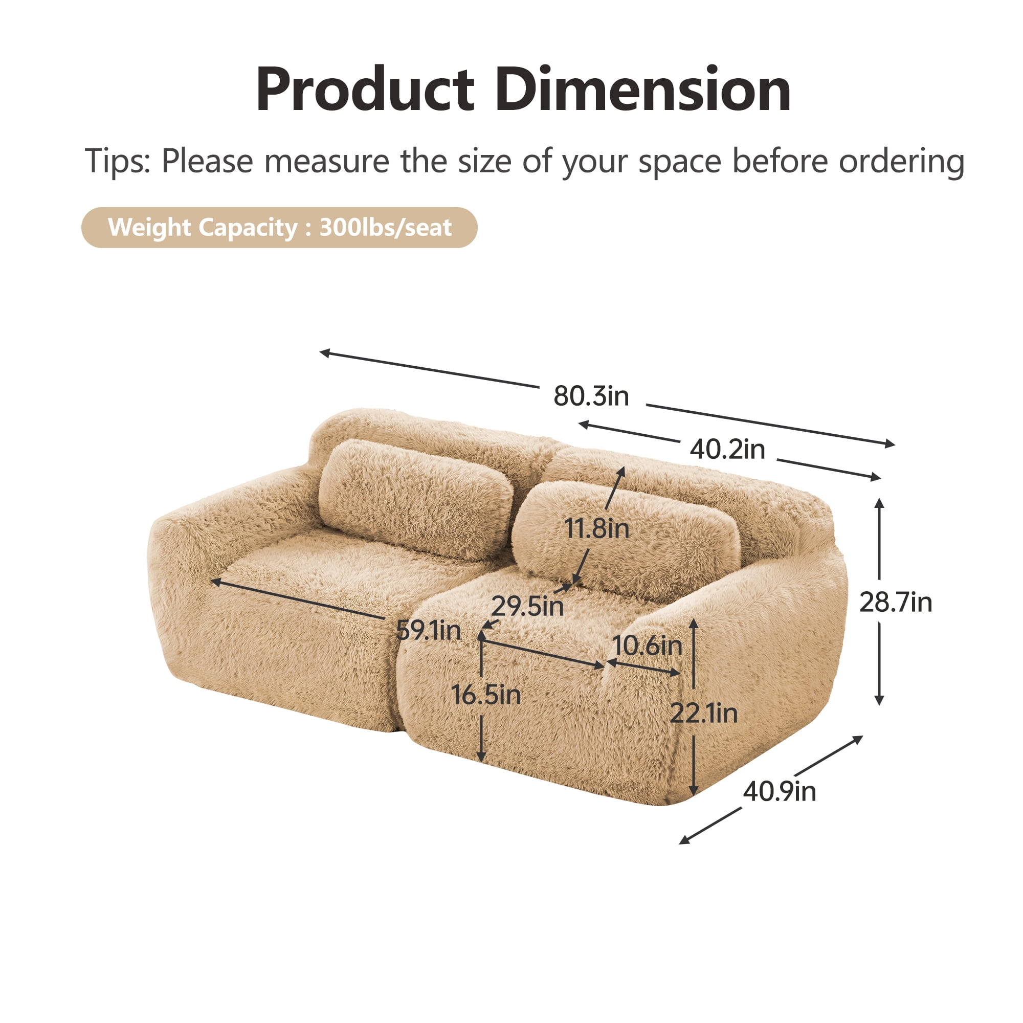 Aukfa Plush Modular Sectional Sofa, 80" Boneless Loveseat for Living Room, 29.5" Deep Seat, Camel