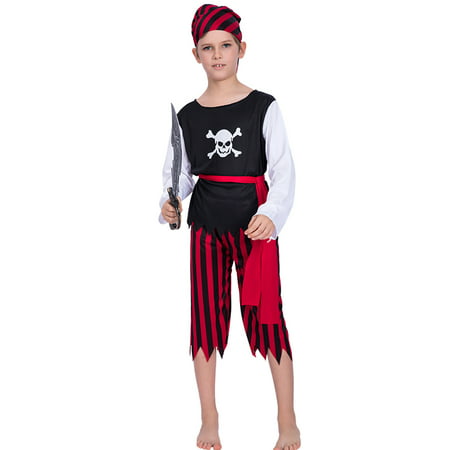 Child Halloween Skull Pirate Costume Shirt + Pants + Belt + Bandana Kit Masquerade Costume Cosplay Party Props--L Size for 8-10 Years Old Kids