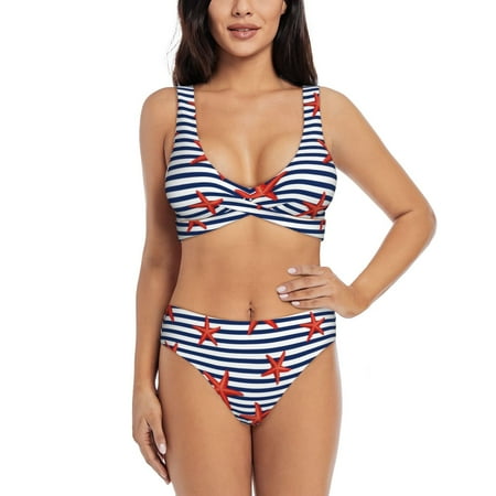 Zeuib Starfish Navy Blue Stripe High Waisted Tummy Control Bikini Set - Knot Front Push Up Top & Cheeky Thong Bottom  Two-Piece Swimsuit for Women-XX-Large