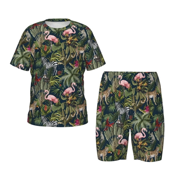 Balery Flamingos And Palm Leaves Conjunto de Pijama Infantil de Manga Corta con Estampado – Ropa de Dormir de Algodón Suave-Large