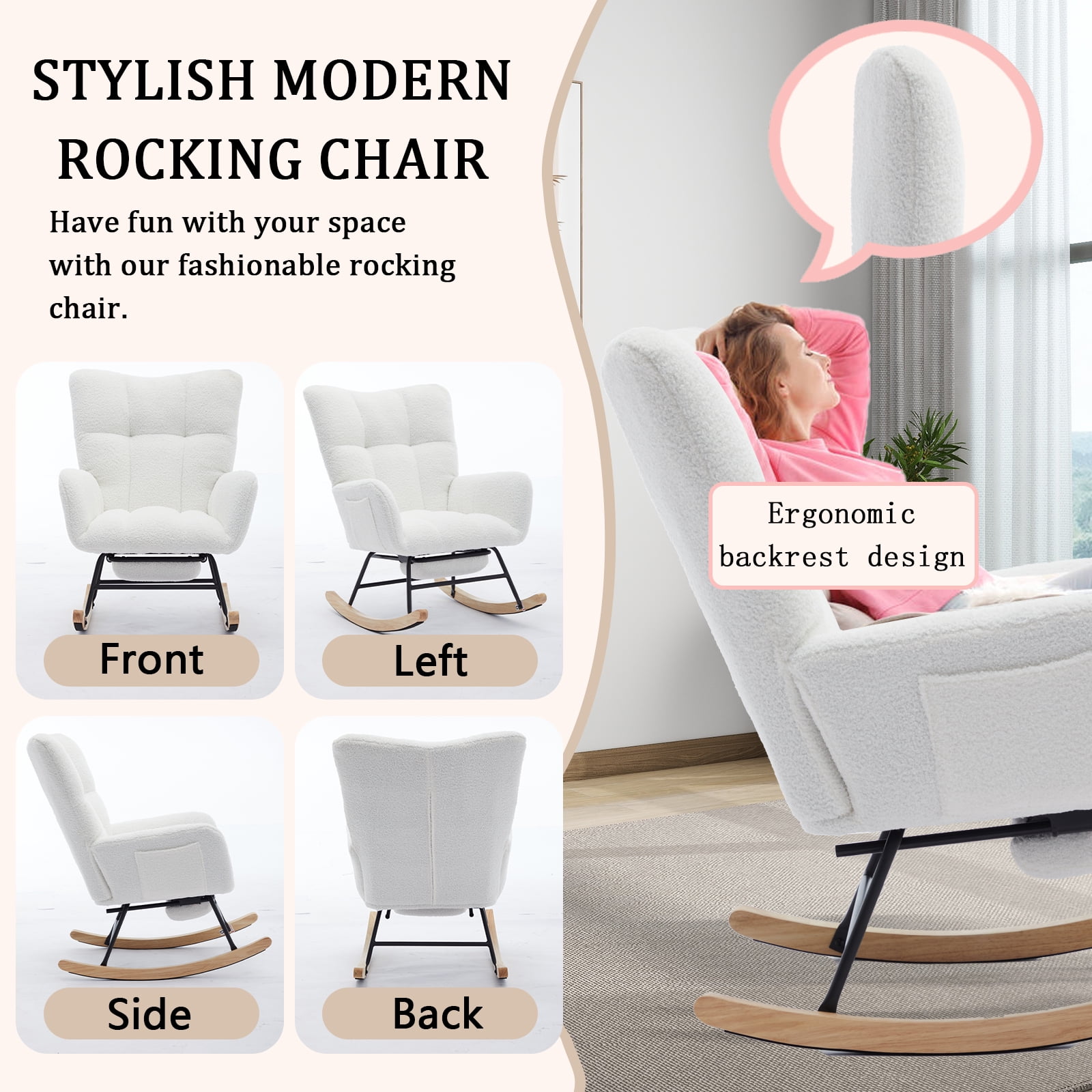 SENCHO GINSYTALIOR Rocking Chair Nursery with Foot Rest,Upholstered Glider Chair with High Backrest, Rocker Accent Armchair with Solid Wood Legs for Nursery Bedroom Living Room（Beige）