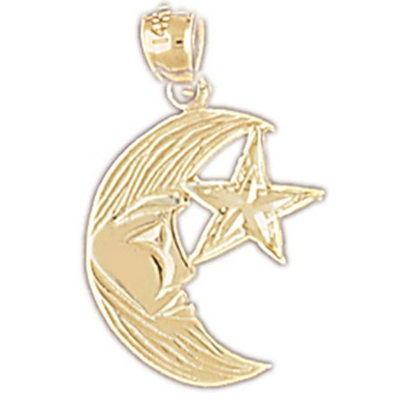 14K Yellow Gold Moon With Star Pendant - 22 mm