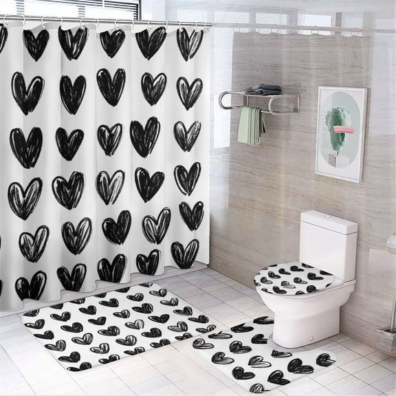 Shower Curtain Set 4 Piece include Shower Curtain and Rugs and Non Slip U Shaped Toilet Rugs Luxury Bathroom Decor Black Heart
