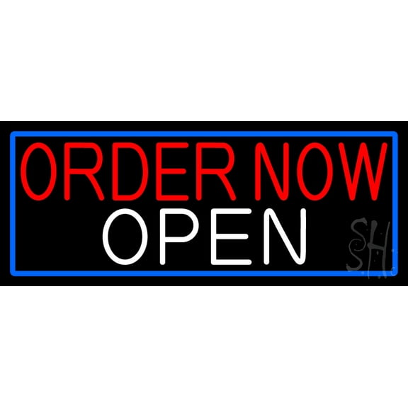 Order Now Open With Blue Border LED Neon Sign 13 x 32 - inches, Clear Edge Cut Acrylic Backing, with Dimmer - Bright and Premium built indoor LED Neon Sign for Bar decor.