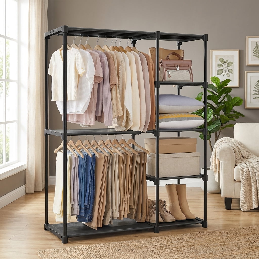 Ledrem Freestanding Closet Organizer with Hanging Rods & Shelves, Portable Wardrobe, Black