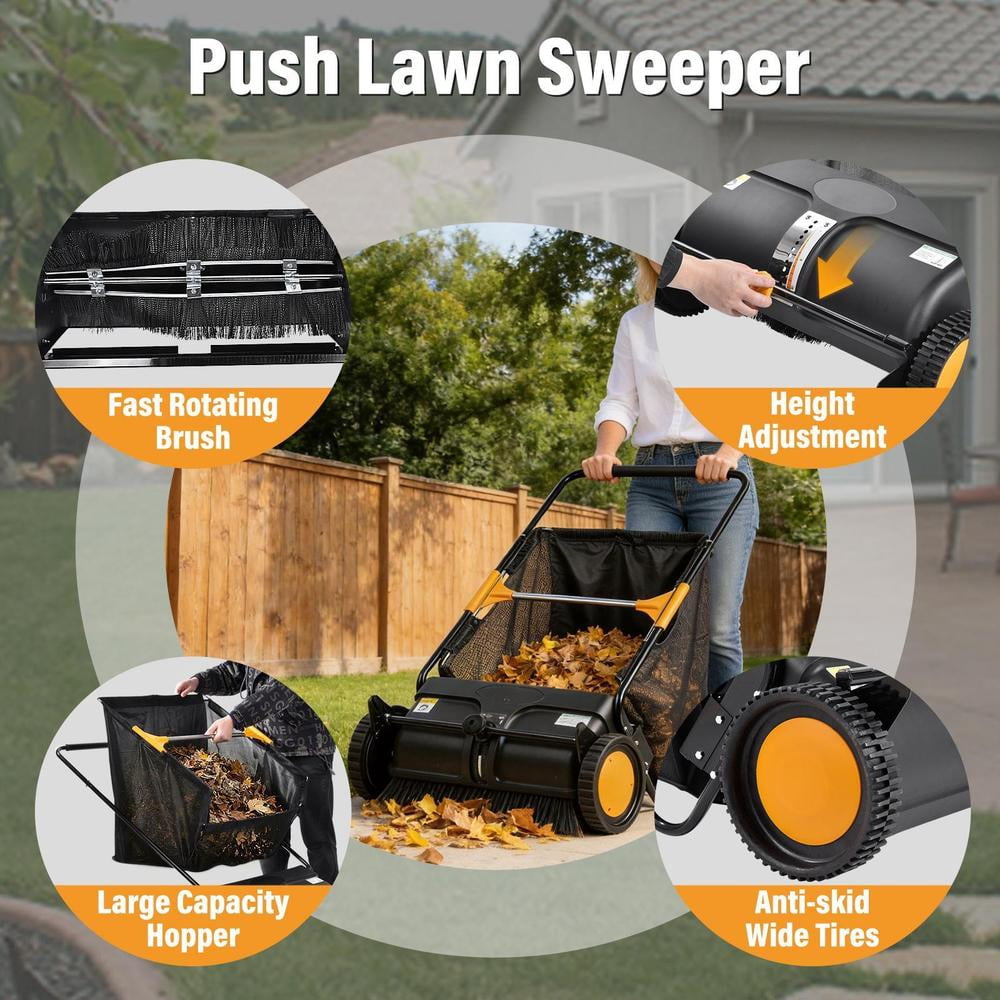 21 in Push Lawn Sweeper, Walk-Behind Leaf & Grass Collector with Large Hopper Bag and Height Adjustment for Lawn Cleanup