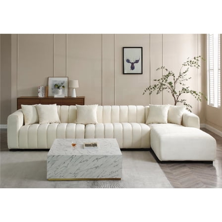 The Beige L-Shape Sectional Sofa Boasting Deep Tufted Velvet and Right Chaise Modular Sofa Piece