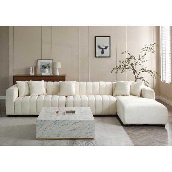 The Beige L-Shape Sectional Sofa Boasting Deep Tufted Velvet and Right Chaise Modular Sofa Piece