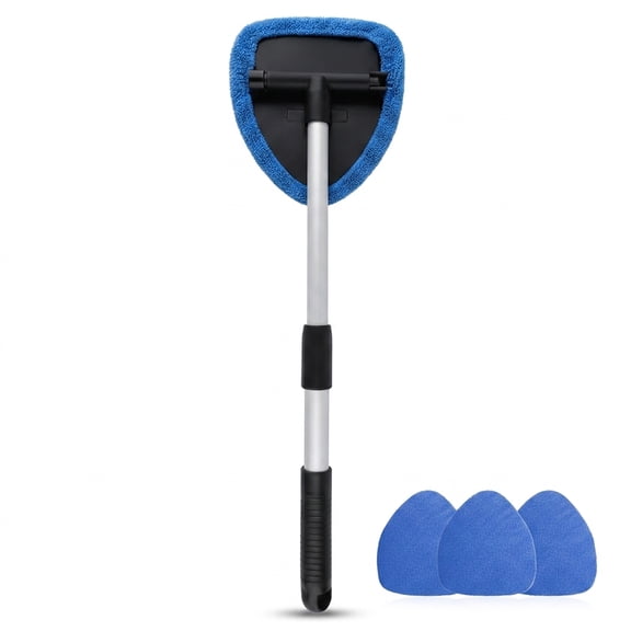 Windshield Cleaning Tool, Car Window Cleaner with Extendable Long Handle and 4 Washable Reusable Microfiber Pads, Auto Interior Exterior Glass Wiper Cleaning Kit Universal for Office and Home (Blue)