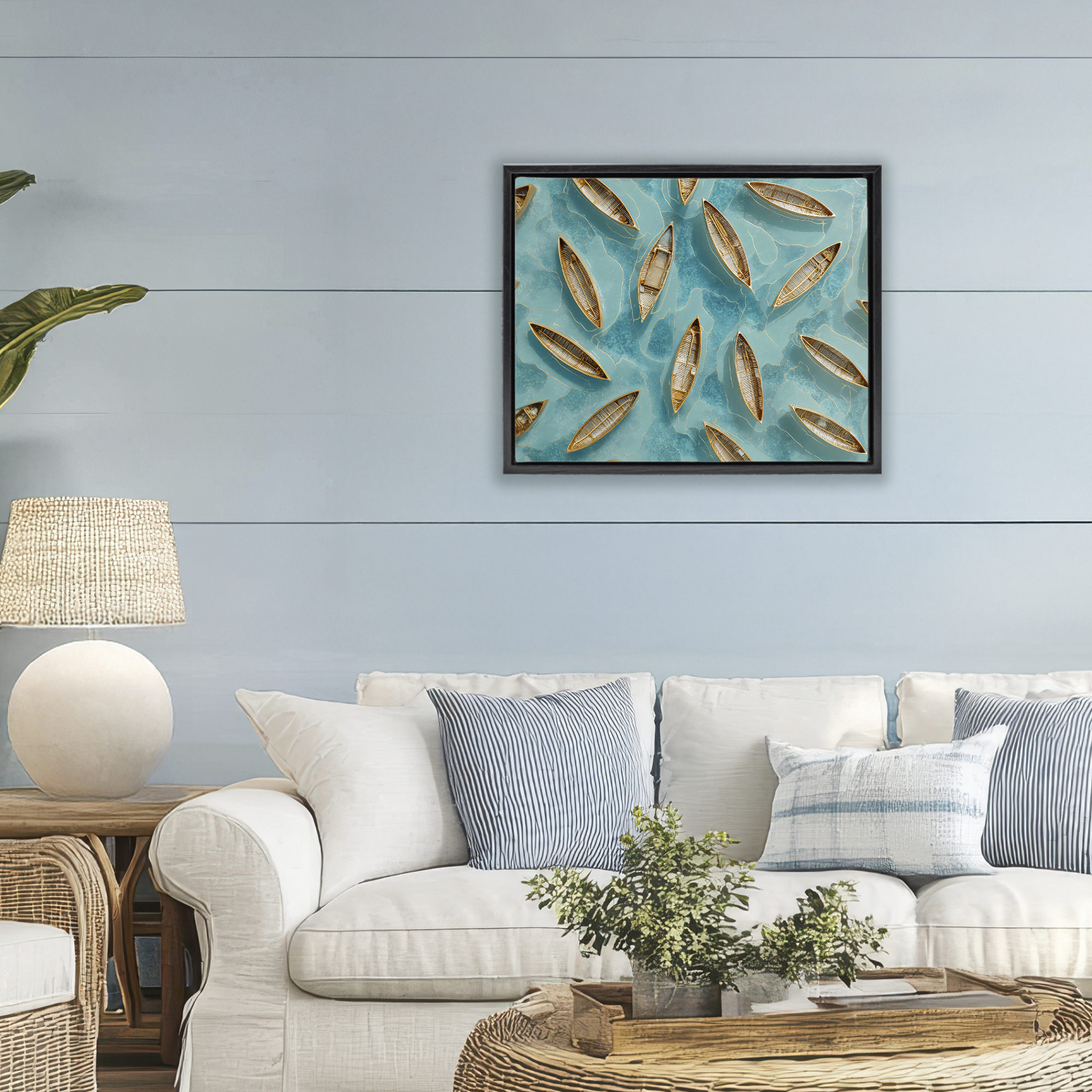 Harmonious Canoes on Water Black Framed Floater Canvas Wall Art, design by Franklyn Gregory