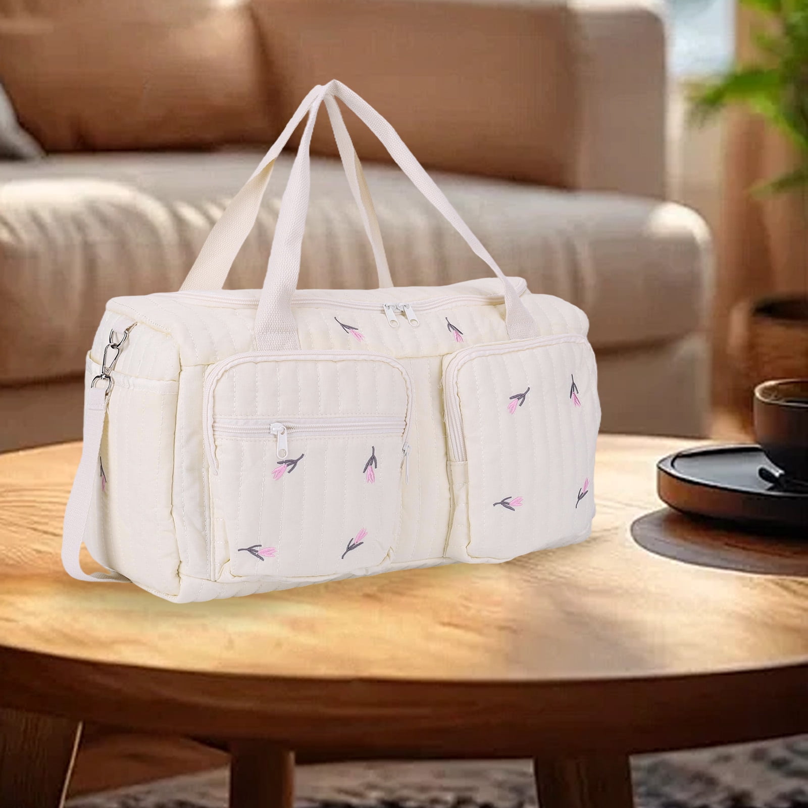 HUISZJ Quilted Diaper Bag Tote, Multi-Pockets Duffle Bag, Large Capacity Diaper Bag for Mom Dad, Tulip Print
