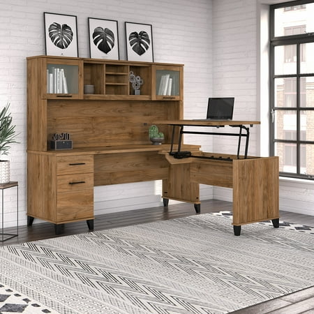 UPC: 0042976138882 | Bush Furniture Somerset 72 in L Desk and Hutch with Adjustable Height – 3 Position Sit to Stand Option in Fresh Walnut