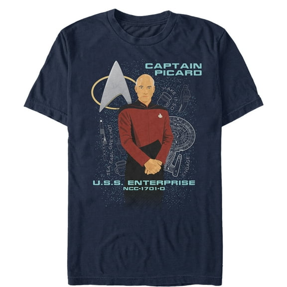 Men's Star Trek: The Next Generation Captain Picard Cartoon & USS Enterprise Graphic Tee Navy Blue Large