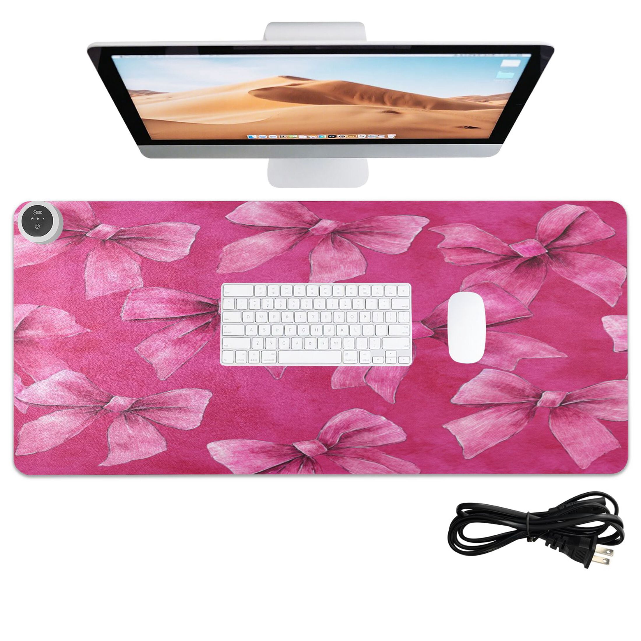 Large Heated Desk Mat Mouse Pad 31.5"x13"PU Leather Graphene Heating Desk Warmer with 3 Temperature Settings 110V US Plug Non-Slip Warm Pad for Home, Office, and Gaming Watercolor Beautiful Pink Bows