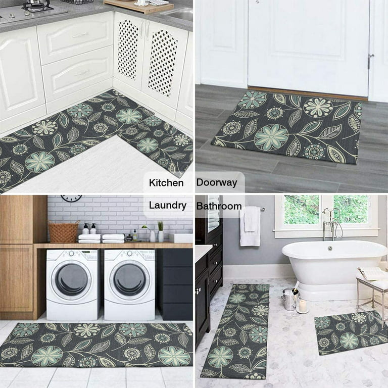 safarsa Kitchen Mats for Floor Set of 2 Pieces Kitchen Rugs and Mats Non  Skid Washable Kitchen Floor Mat(17 Wx30 L+17 Wx 47 L Boho Flowers)