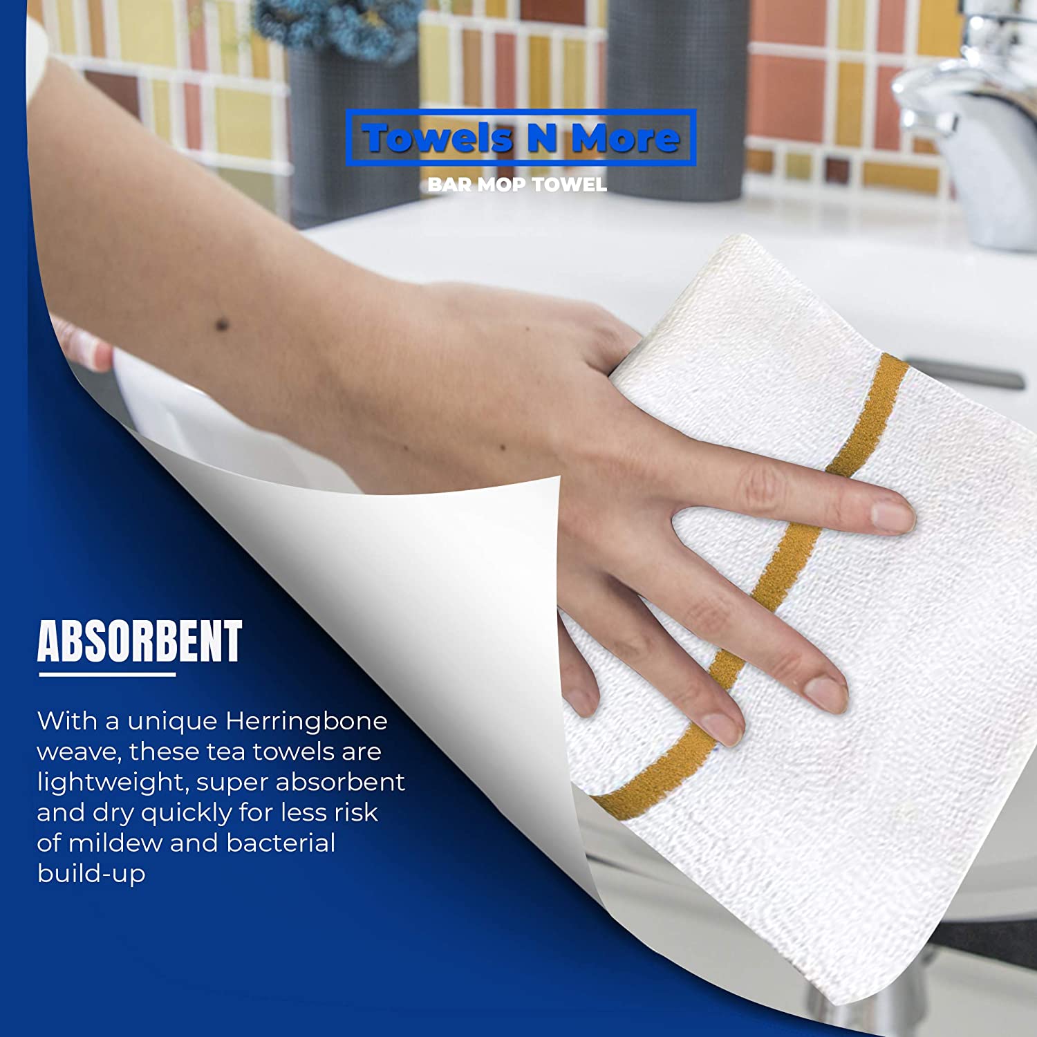 24 Pack Kitchen Cleaning Towels, 16x19 Bar Mop Towels, 30oz Commercial Bar Mop Towels Gold Stripe by Towels N More