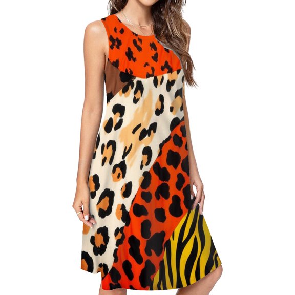 Animal Print Patchwork Vibrant Fabric Casual Sleeveless Loose Sundress Dress For Women Summer Dress Daily Woman