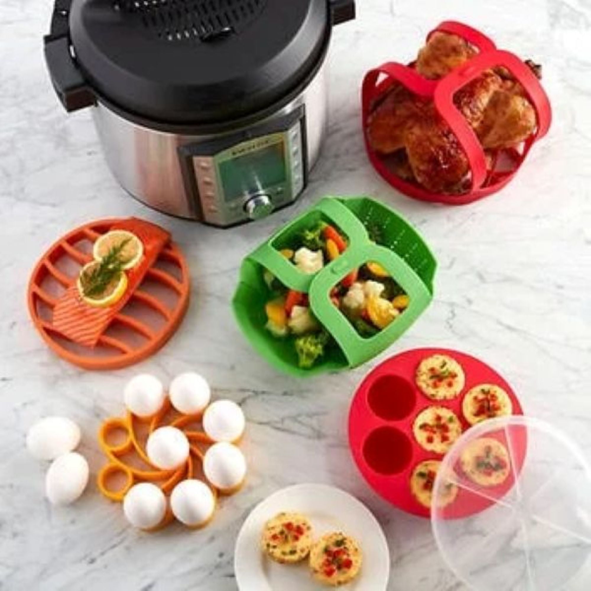 Instant Pot 5 Piece Silicone Accessory Set - Includes Roasting Rack, Egg Rack, Steamer Basket, Bakeware Sling, Egg Bite Mold with Lid - Ovenware & Kitchen Essentials for Home Cooks & Holiday Cookware