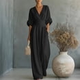 thumbnail image 2 of LEKODE One Piece Jumpsuit Cotton Linen Jumpsuits for Women Summer Wide Leg Jumpsuit Ruched Rompers Deep V Neck Jumpsuit Comfy Rompers for Women Casual Outfits for Women A Black L, 2 of 9