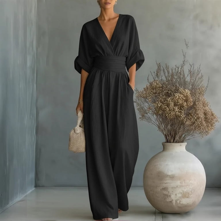 Chuancc Women's One Piece Jumpsuits Dressy Casual V-Neck Batwing Short Sleeve Wide Leg Elegant Ladies Jumpsuit Rompers Black M, Size: Medium