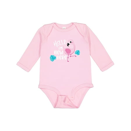 

Inktastic Baby Hello I m New Here with Cute Baby Flamingo Gift Baby Boy or Baby Girl Long Sleeve Bodysuit