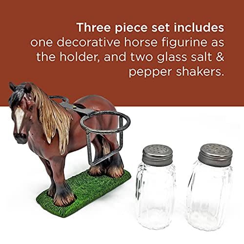 PGI Traders Standing Horse Salt and Pepper Holder Novelty Kitchen Decór Set Includes 2 Glass Shakers 6.5” Wide x 6” Long 
