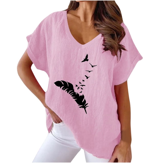 Hauts d'Été pour Femmes Col en V Imprimé Coton Lin Manches Courtes T-Shirts Décontractés Légers Blouse Habillée
