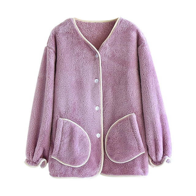 MeetoTime Womens Pajama Top with Pocket Fall Winter Thick Warm Buttons Wave Long Sleeved Fleece Home Clothes
