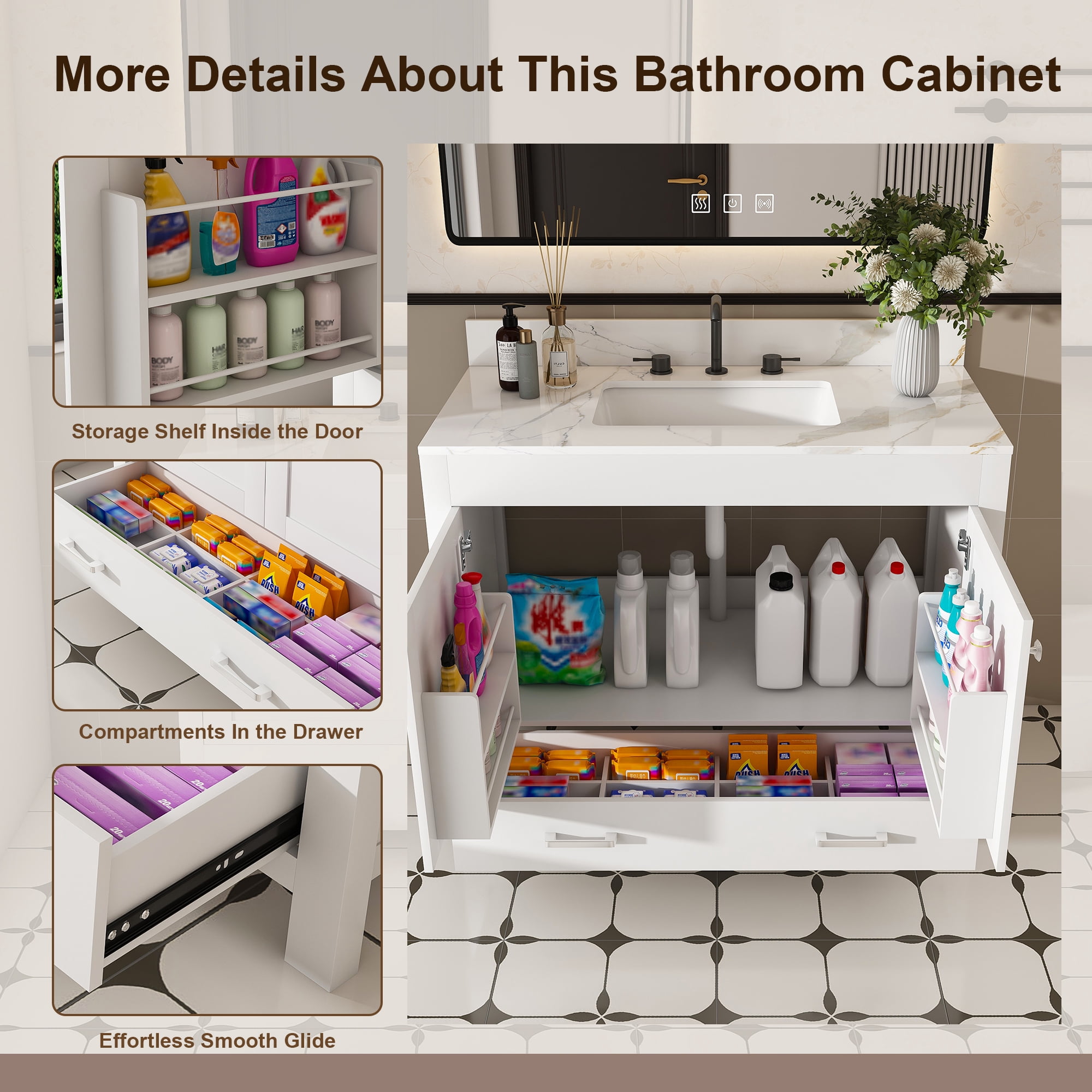 Mintazer 43 Inch Bathroom Vanity Cabinet with Sink, Bathroom Storage Vanity with Drawer & 3‑Hole Ceramic Sink Sintered Stone Countertop, Backsplash for Bathroom, White