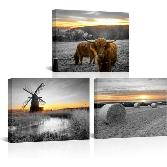 Hieng Highland Cow Windmill Cornfield Canvas Wall Art Rustic Landscape Rural Pictures Painting Prints Farmhouse Artwork For Home Decor(only canvas)