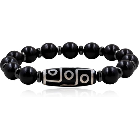 Unique Tibetan 9 Eye Dzi Bead Stretch Bracelet for Men Natural Agate and Green Jade Stone Prayer Bracelet Classic Meditation Spiritual Jewelry Meaningful Gift for Religious Beliefs