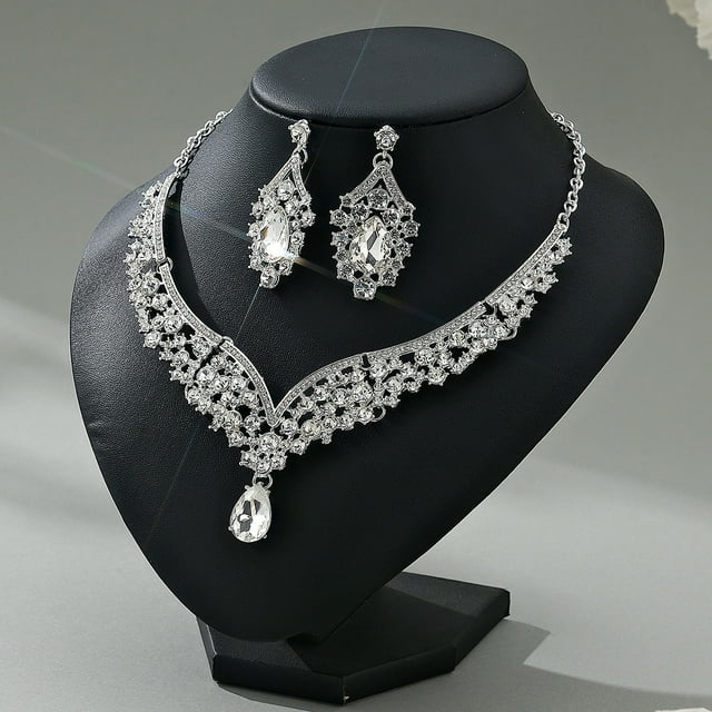 Nvzi Conjunto de joyas de diamantes de imitación con forma de lágrima para novia, collar y pendientes para boda, A17