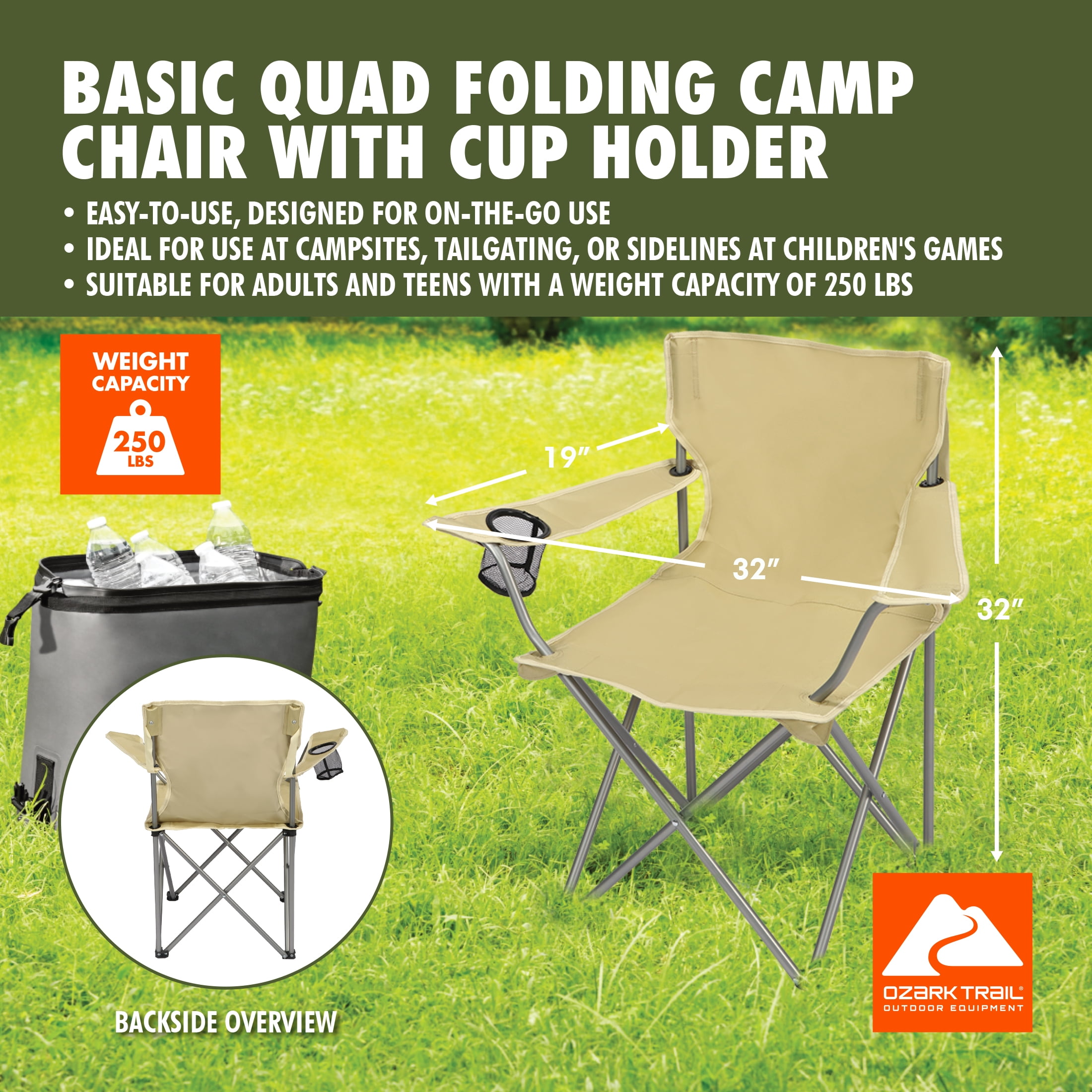 Ozark Trail Quad Folding Camp Chair with Cup Holder, Gold