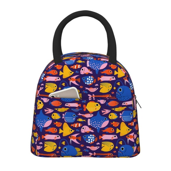 KLL Cute Flat Hand Drawn Fishes for Insulated Lunch Bag- Leakproof Cooler Tote Bag Organizer for Women & Men - Reusable Lunch Box for Office Picnic Hiking Beach-One Size