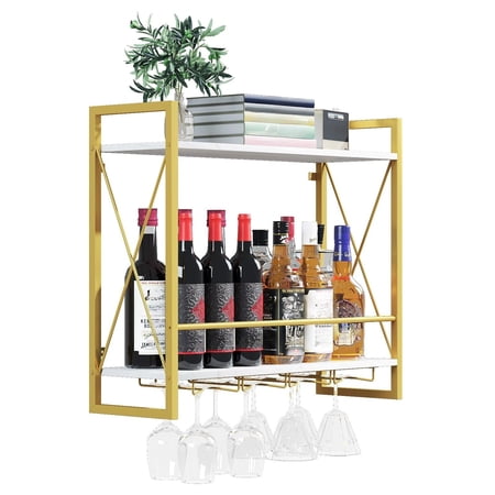 Wine Rack Wall Mounted 2 Tier Shelf Wall Wine Rack with Industrial Iron & Rustic Wood Frame Wine Bottle Holder for Kitchen Dining Room Home Bar Decor (Gold)