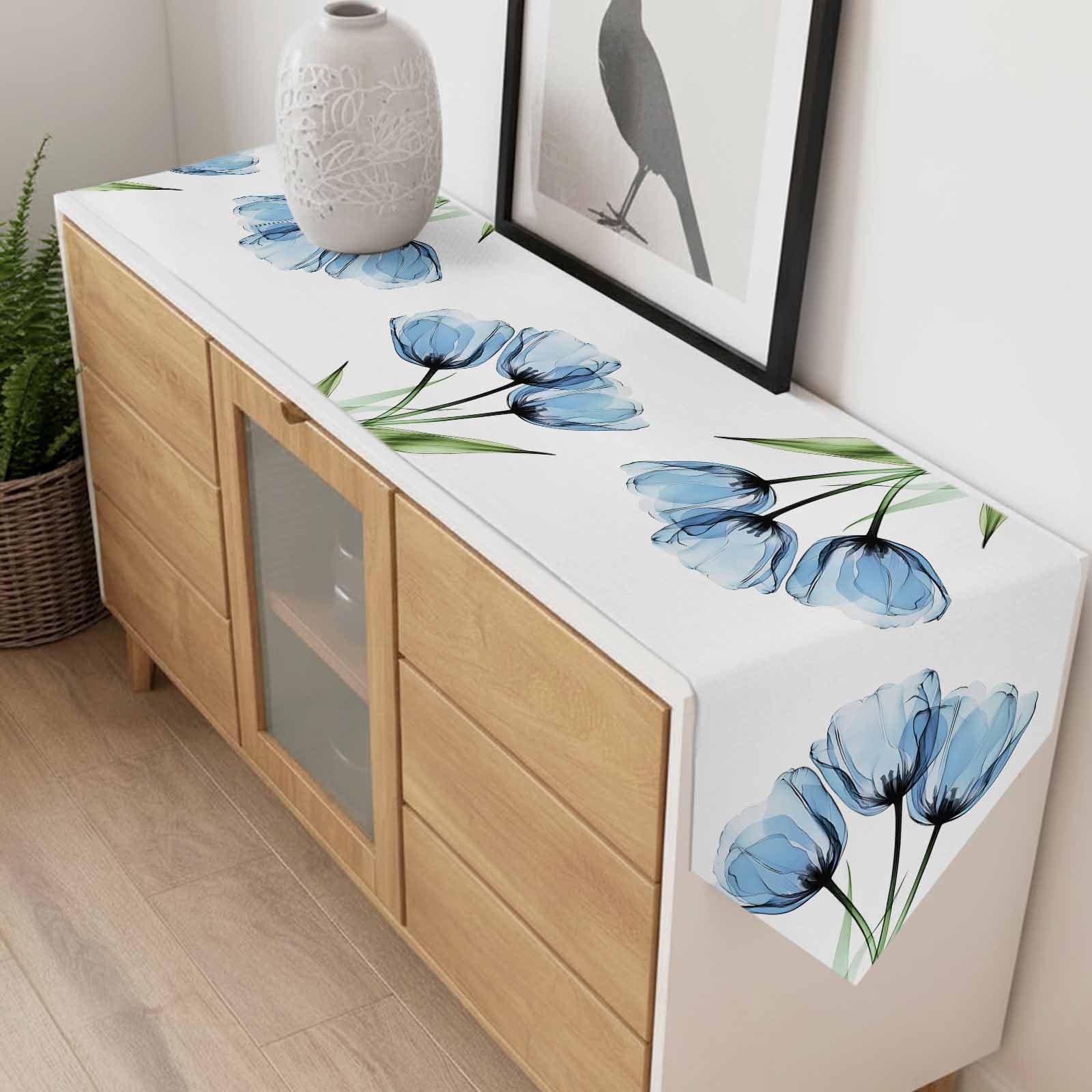 Blue Tulip Table Runner 108 Inches Long Country Flower Farmhouse Table Runners for Dining Room Tabletop Dresser Scarf Home Party Banquet Wedding Holiday Decoration