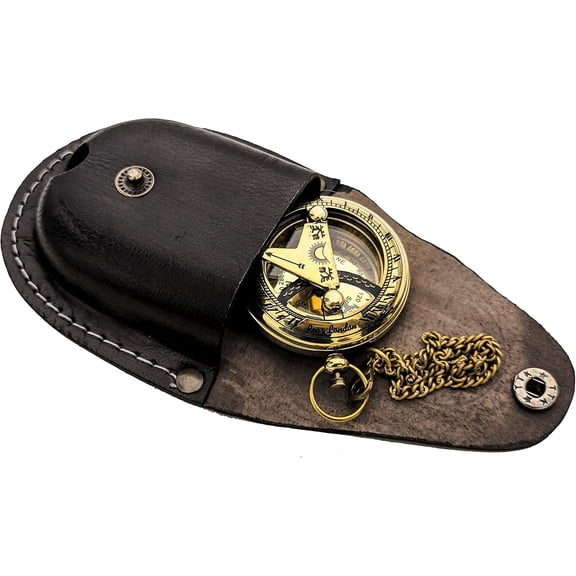 Brass Sundial Compass with Leather Case and Chain - Push Open Compass