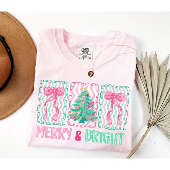 Merry & Bright Pastel T-Shirt | Cute Pink Christmas Tree and Ribbon Graphic Tee