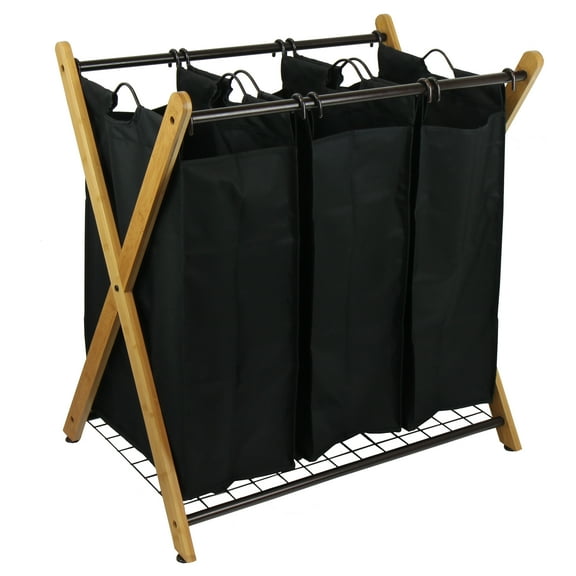 Oceanstar X-Frame Bamboo 3-Bag Laundry Sorter, Black, 27 in L x 19.1 in W x 29.75 in H, Age Group: Adults