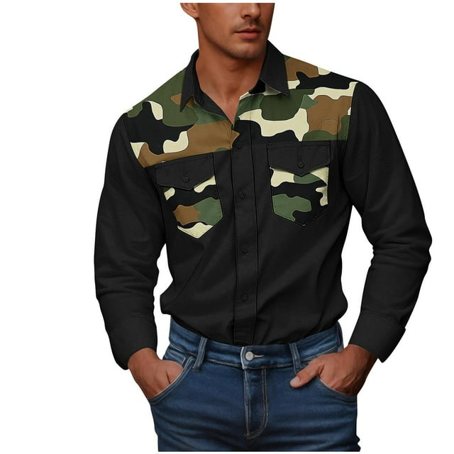 Chemises Longues pour Hommes Chemises avec Doubles Poches Hommes Décontracté Mode Bouton Camouflage Double Poches Imprimé Manches Longues Col Rabattu Chemise de Travail Chemises à Boutons pour Hommes Chemises Camouflage pour Hommes