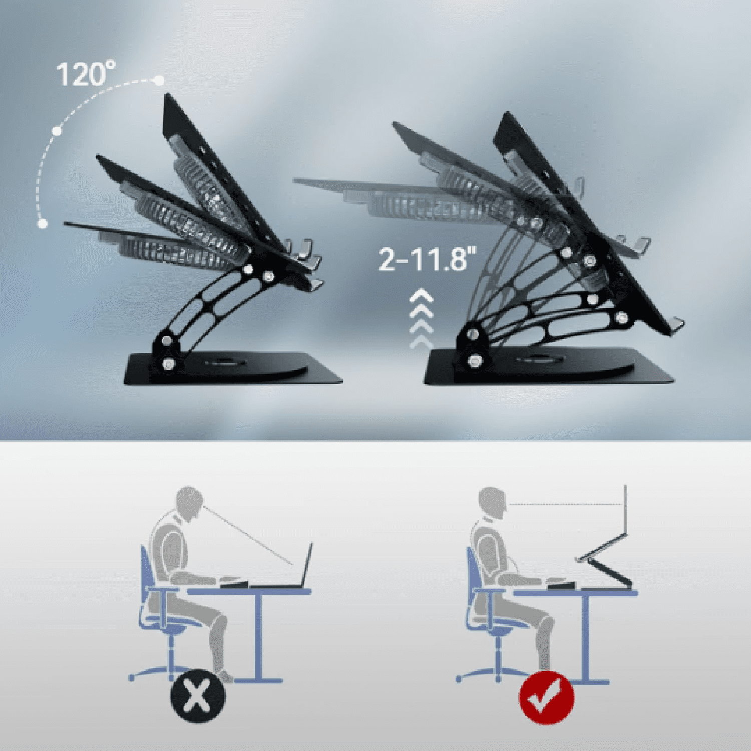 Gaming Laptop Cooling Pad with 360° Rotation Base, Ergonimic Aluminum Laptop Cooling Stand with 3 Speed Fan, Adjustable Height Laptop Cooling Pad for 10-17.3'' Notebook - Silver