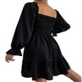 thumbnail image 4 of Femmes Mini A-Ligne Robe Sexy Manches Longues Col Carré Volants Smoked Robes Unies Abricot XL, 4 of 5