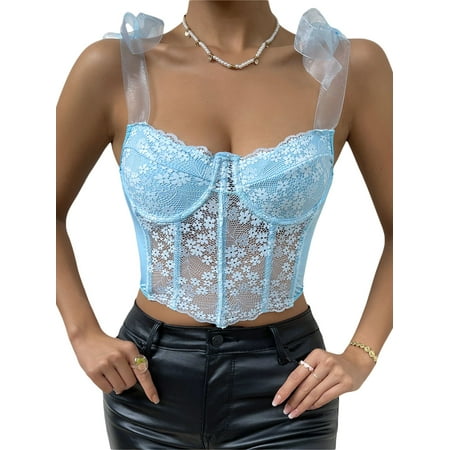 Genuiskids Women Sexy Sling Corset Vest Sleeveless Low Cut Floral Solid Spaghetti Strap Bustier Camisoles Summer Vintage Mesh Lingerie Boned Tank Top Party Clothes