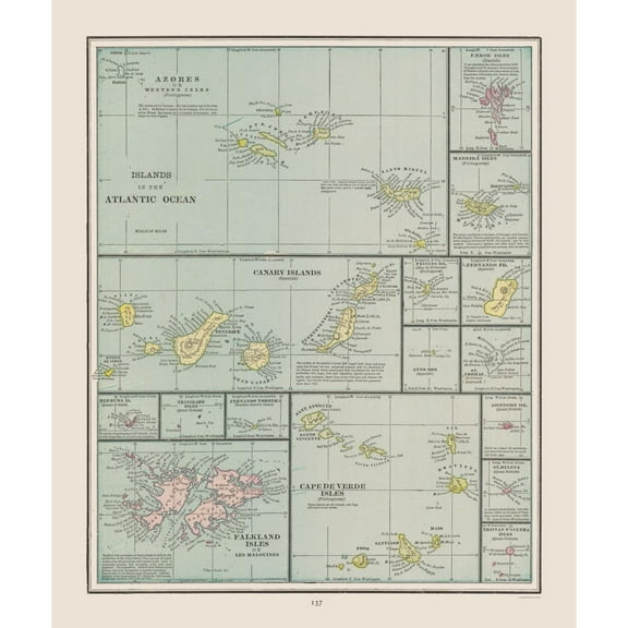 Historic Nautical Map - Atlantic Ocean Islands - Cram 1892 - 23 x 27.51 - Vintage Wall Art