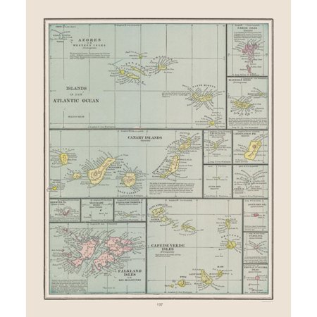 Historic Nautical Map - Atlantic Ocean Islands - Cram 1892 - Vintage Wall Art