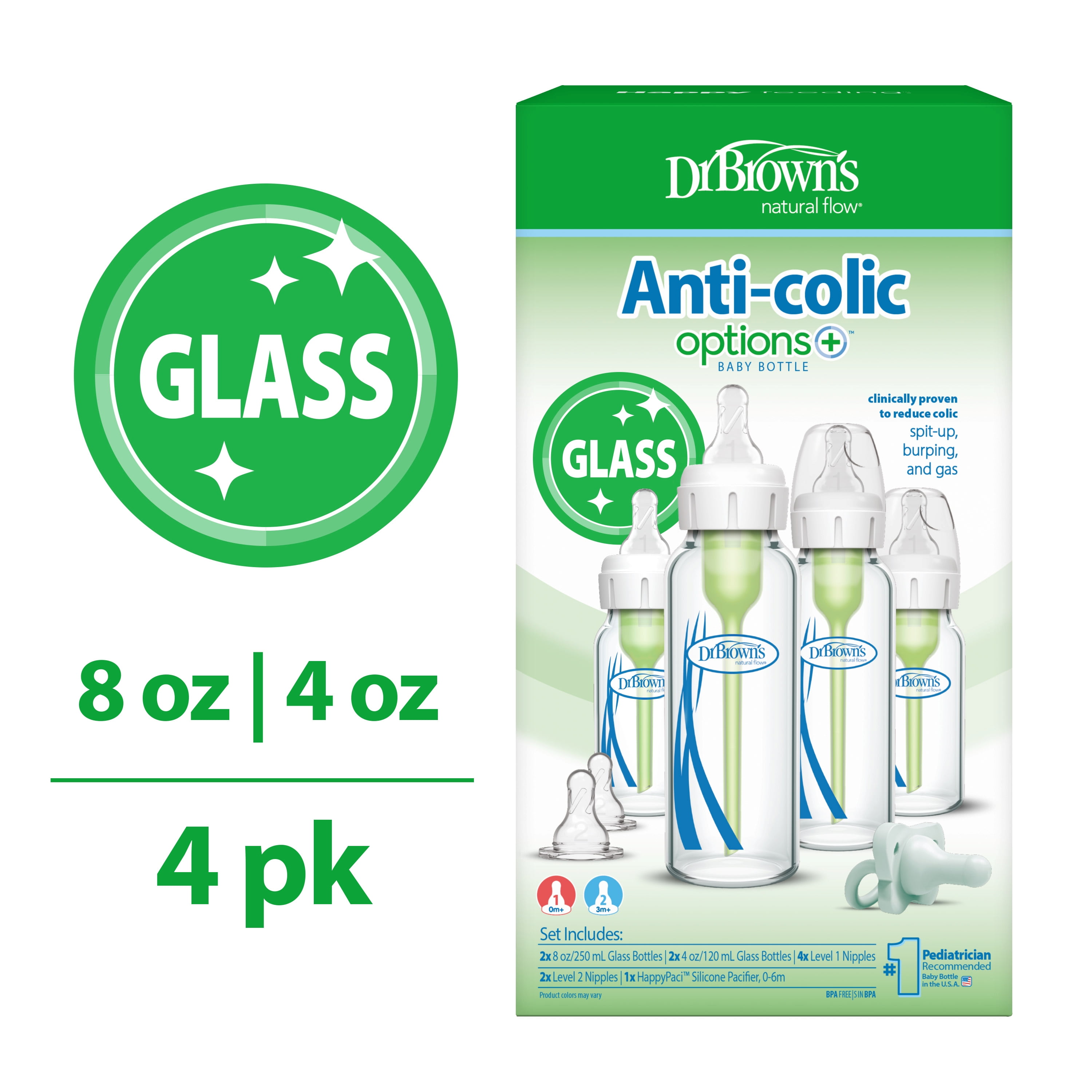 Dr. Brown's Anti-Colic Options+ Narrow Glass Bottle Starter Set, 4 oz / 8 oz Bottles, Level 1 and 2 Nipples, and HappyPaci Pacifier&nbsp;